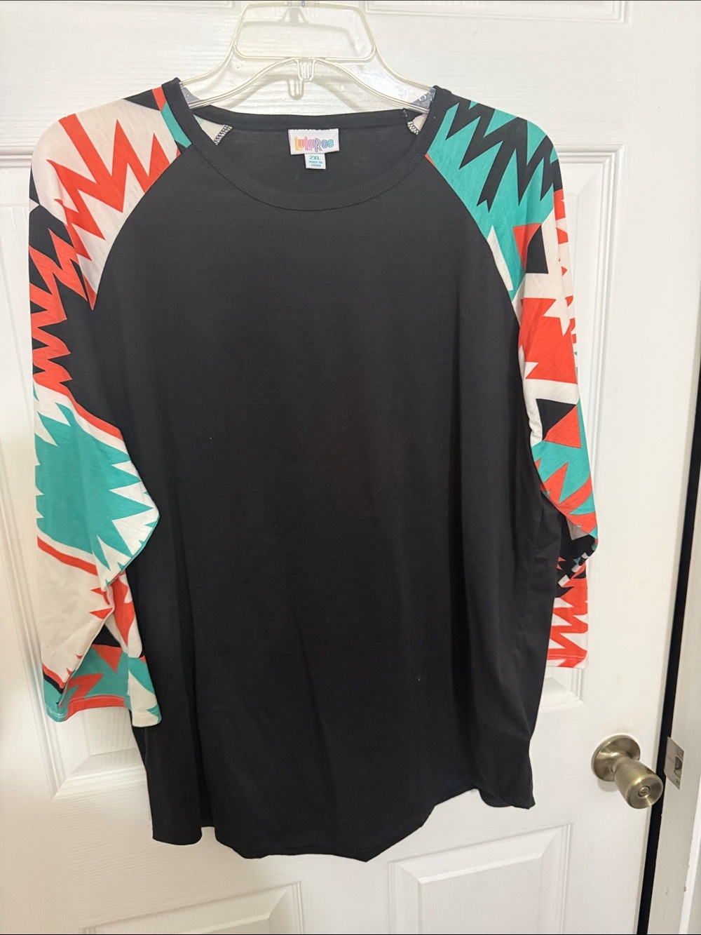 LuLaRoe Men's Black Raglan Tee with Turquoise & Red Aztec-Style Sleeves